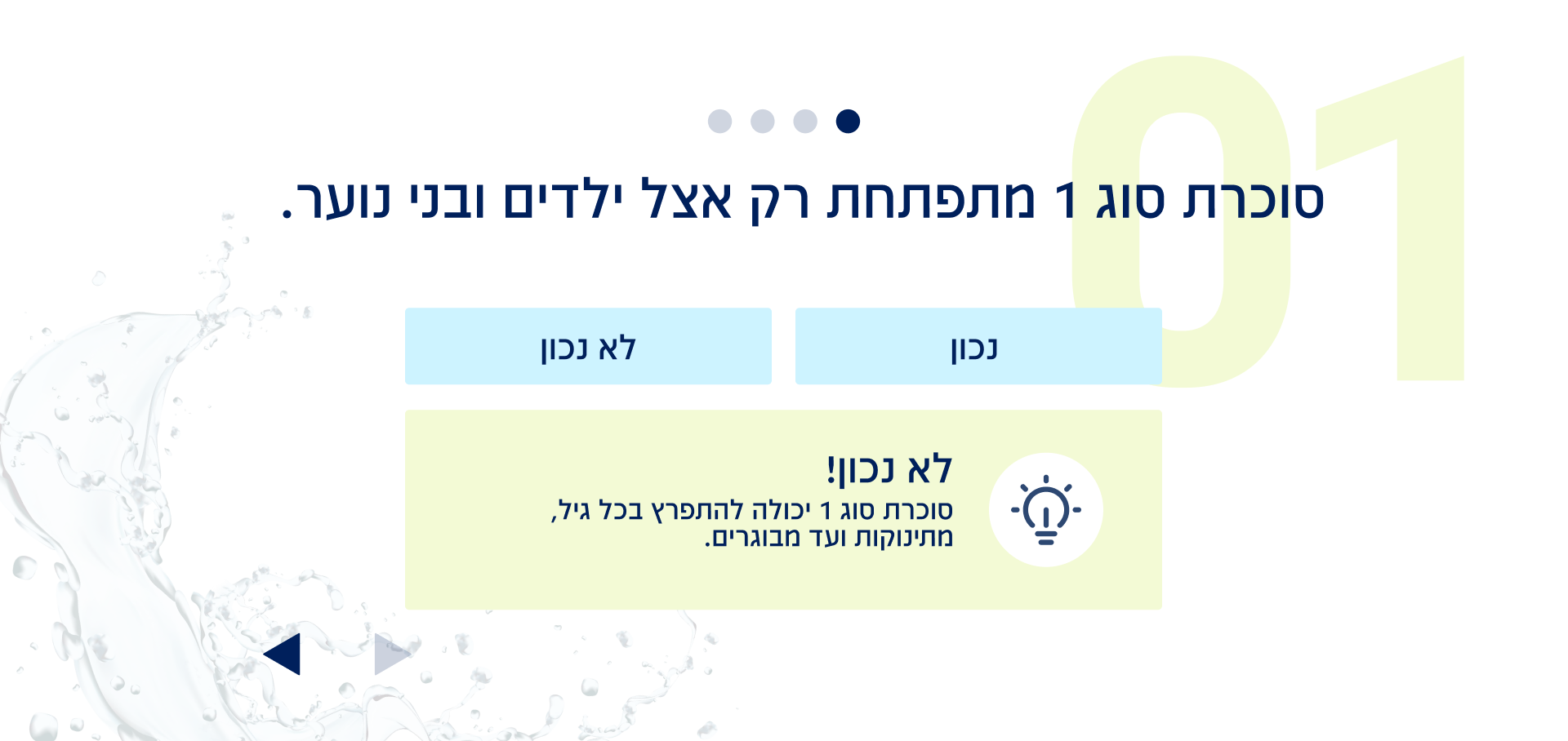 שאלה 1 מתוך 8: סוכרת סוג 1 מתפתחת רק אצל ילדים ובני נוער.