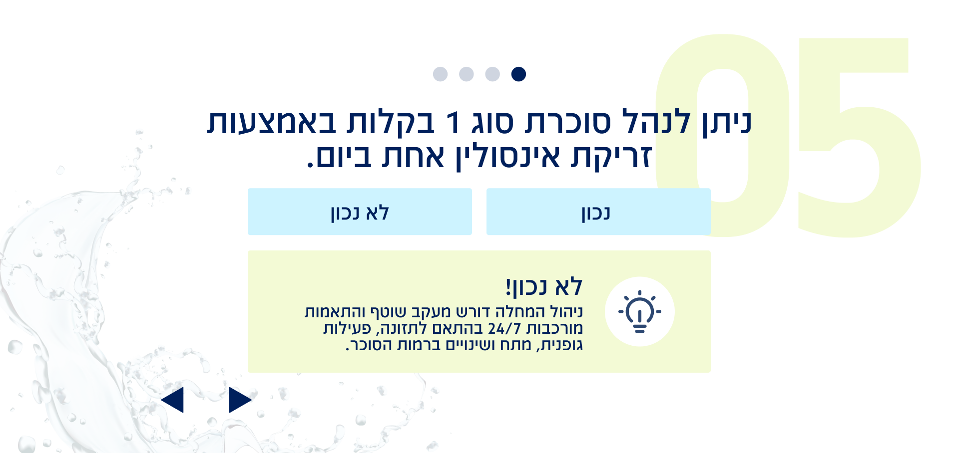 שאלה 5 מתוך 8: ניתן לנהל סוכרת סוג 1 בקלות באמצעות זריקת אינסולין אחת ביום.